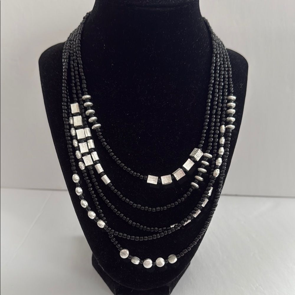 NWT CHICO Elegant Black and Silver Beaded Necklace